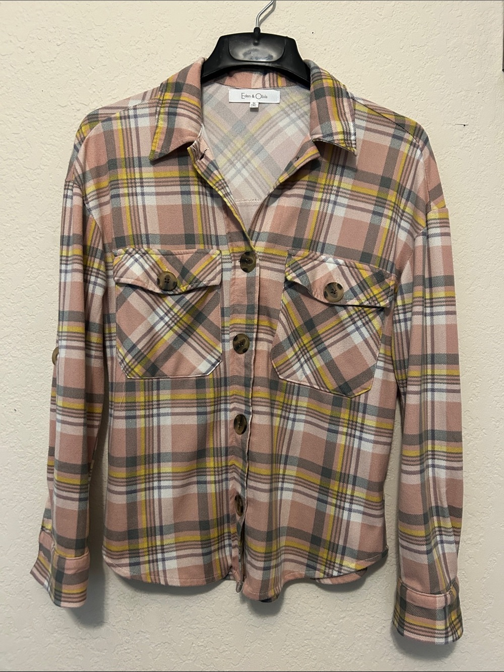 Eden & Olivia Pink Plaid Button-Front Shirt with Mustard Accents - Medium - Picture 6 of 9